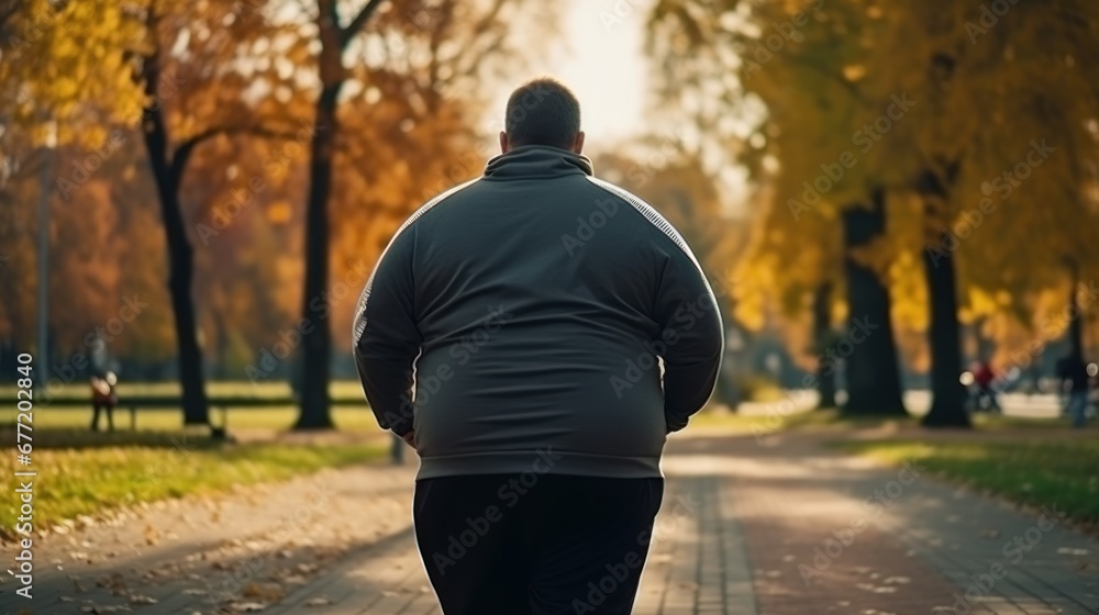 Obraz premium Plump man in sportswear at jogging workout on asphalt path in park in sunny weather. Back view of a fat man Improves physical health burning fat with thirst to lose weight.