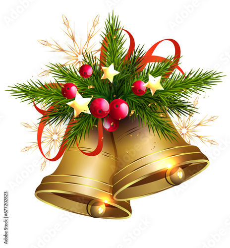 Christmas composition element, isolated garland with golden bells.
