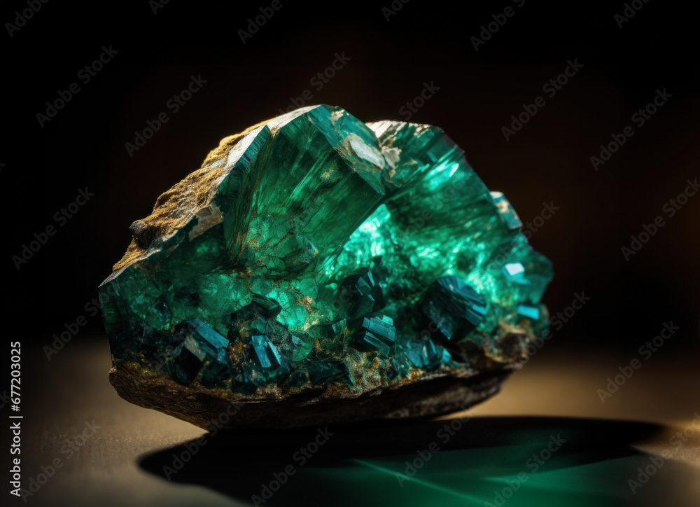 Large translucent natural emerald stone on dark background close up.