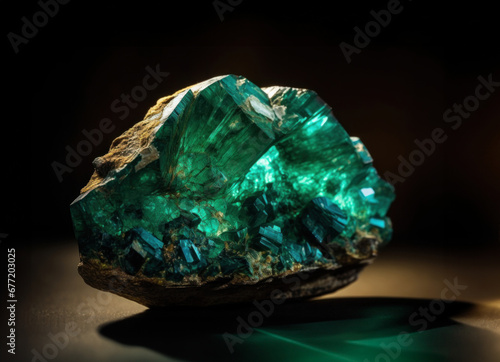 Large translucent natural emerald stone on dark background close up.