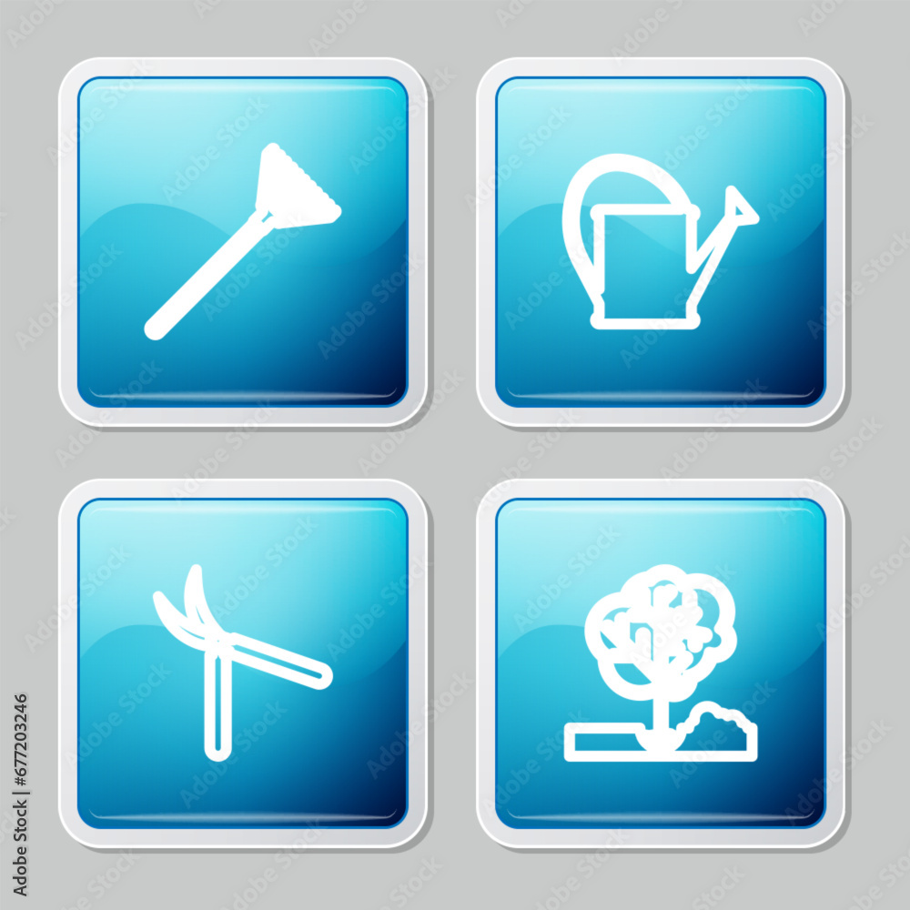 Set line Garden rake for leaves, Watering can, Gardening handmade scissor and Planting tree the ground icon. Vector Set line Garden rake for leaves, Watering can, Gardening handmade scissor and Planting tree the ground icon. Vector