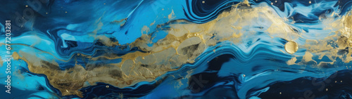 Creative art marble texture. Golden powder wave on turquoise backdrop.