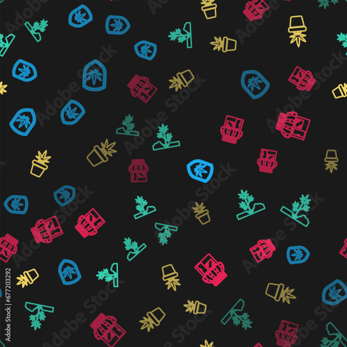 Set line Shield and marijuana, Planting, Marijuana plant pot and cannabis store on seamless pattern. Vector