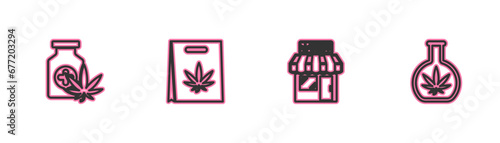 Set line Medical bottle with marijuana, Marijuana and cannabis store, Shopping bag of and Test tube icon. Vector
