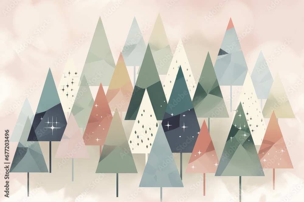 Abstract Holiday Elegance: Pastel Illustration of a Modern Christmas Tree in Festive Atmosphere Abstract Holiday Elegance: Pastel Illustration of a Modern Christmas Tree in Festive Atmosphere