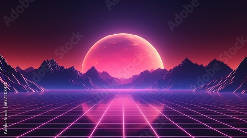 Abstract retro sci-fi grid 80's, 90's neon colors night and sunset, vintage cyberpunk illustration