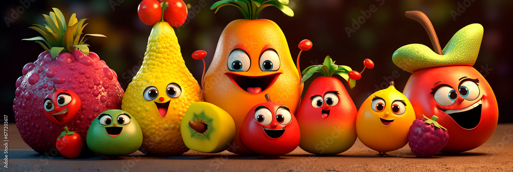 Banner with fruits. Fun fruity salad. Cute cartoon fruits with smiling faces. Header for website, blog, children's menu, store sign.