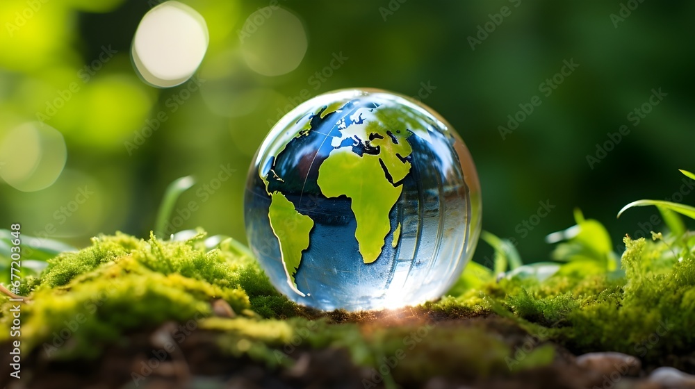 Earth in glass with a view of Europe and Africa in the foreground on a green meadow, renewable energy with green energy, Earth Day, environmental sustainability Earth in glass with a view of Europe and Africa in the foreground on a green meadow, renewable energy with green energy, Earth Day, environmental sustainability