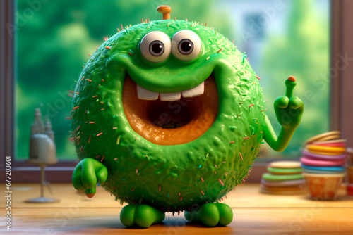 Monster Showing middle finger. Cartoon green donut with face doing fuck you bad expression, provocation and rude attitude. Character shows an obscene gesture and smiles. Bad behavior. photo