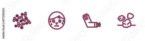 Set line Medicine pill or tablet, Inhaler, Man with excessive sweating and Dust icon. Vector