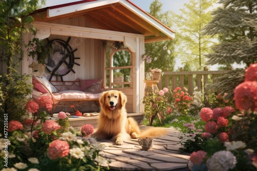 Springtime Harmony: Dog Posing in Front of Enchanting Soy House Set in a Picturesque Garden