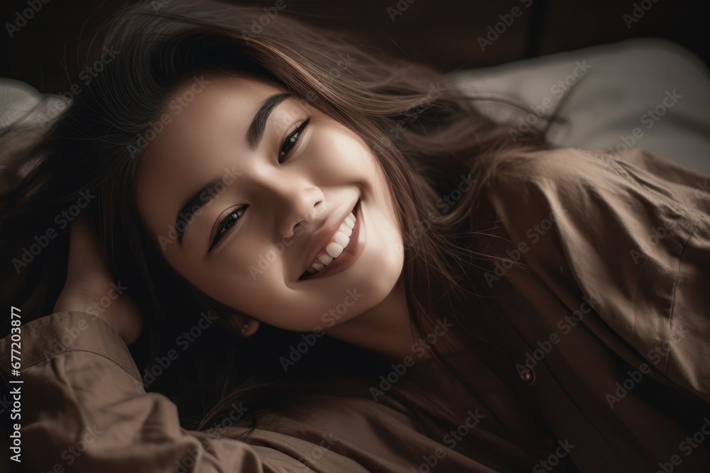 Dreamy Morning Bliss: Portrait of a Beautiful Girl Serenely Lying in Bed, Embracing Tranquil Moments Dreamy Morning Bliss: Portrait of a Beautiful Girl Serenely Lying in Bed, Embracing Tranquil Moments