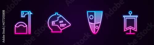 Set line Executioner axe in tree block, Medieval iron helmet, Shield and flag. Glowing neon icon. Vector