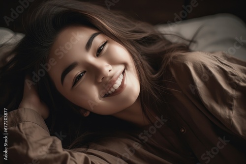 Dreamy Morning Bliss: Portrait of a Beautiful Girl Serenely Lying in Bed, Embracing Tranquil Moments