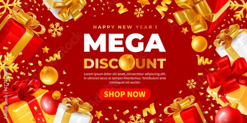 3D realistic red, gold, white gift boxes with balls, tinsel on red background. Advertising banner template of Christmas and New Year sale, giveaways, shopping with mega discount. Vector illustration