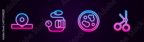 Set line Otolaryngological head reflector, Blood pressure, Petri dish with bacteria and Medical scissors. Glowing neon icon. Vector