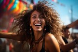 Salsa Sunset: Vibrant Outdoor Fiesta with a Beautiful Latina Dancing and Laughing Under the Radiant Sunset