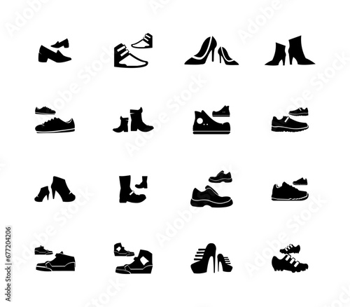Shoe icon set. High heels sandal, cowboy boots, hiking footwear, sneakers, slipper minimal vector illustrations.