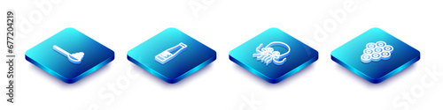Set Isometric line Caviar on a spoon, Sauce bottle, Octopus and icon. Vector