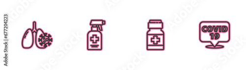 Set line Virus cells in lung, Medicine bottle and pills, Liquid antibacterial soap and Corona virus on location icon. Vector