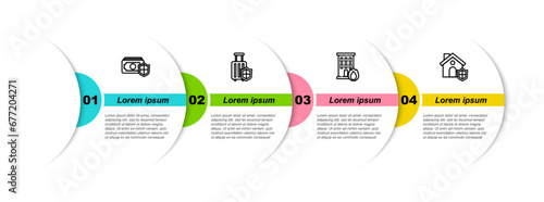 Set line Money with shield, Travel suitcase, Fire in burning house and House. Business infographic template. Vector