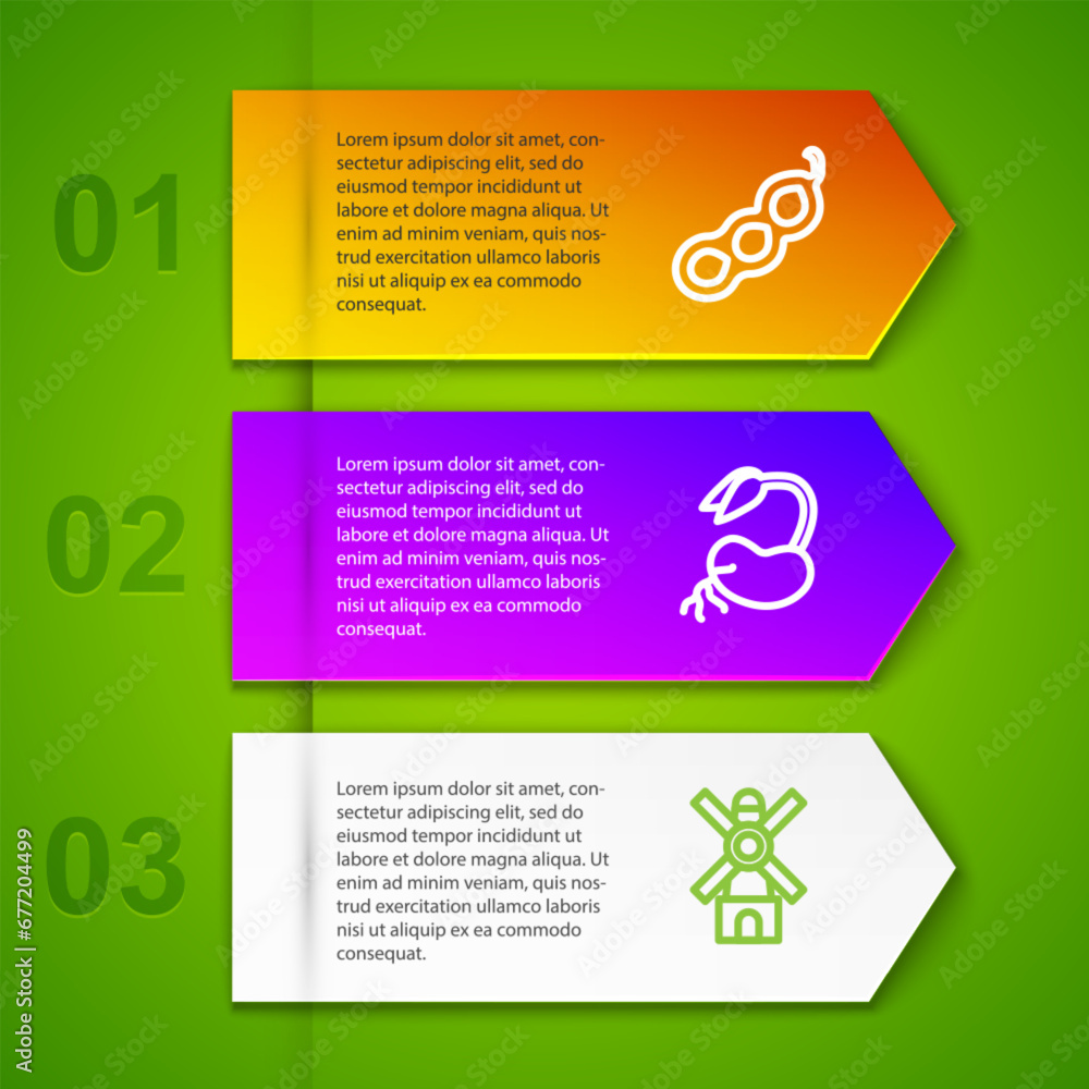 Set line Green peas, Sprout and Windmill. Business infographic template. Vector Set line Green peas, Sprout and Windmill. Business infographic template. Vector