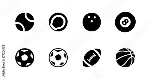 Sports Balls Minimal Flat Vector Icon Set. Soccer, Football, Tennis, Basketball, Rugby, Pool, Baseball, Ping Pong. photo
