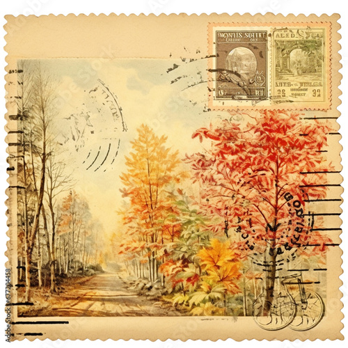 Vintage Postal Stamp, Autumn trees watercolor artwork style, Isolated transparent on white background, PNG