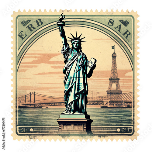 Statue of Liberty Vintage Travel postage Stamp isolated on white transparent background, PNG