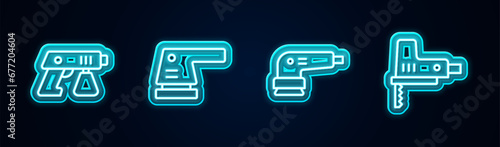 Set line Paint spray gun, Electric sander, and jigsaw. Glowing neon icon. Vector