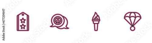 Set line Military rank, Torch flame, Peace and Parachute icon. Vector