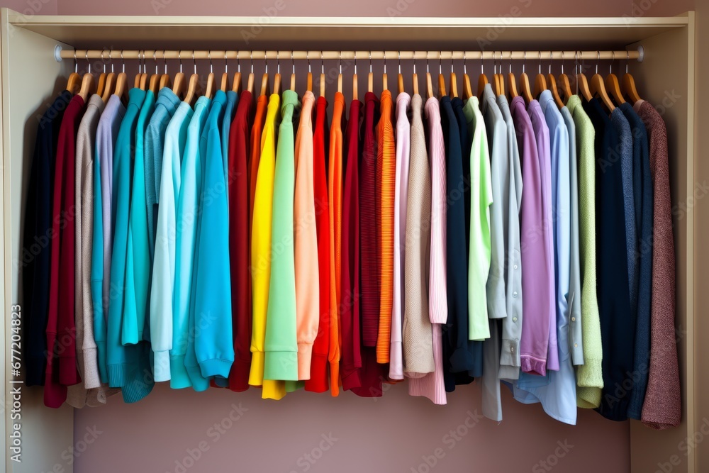 Colorful and stylish fashion clothes hanging on clothing rack in a vibrantly decorated closet