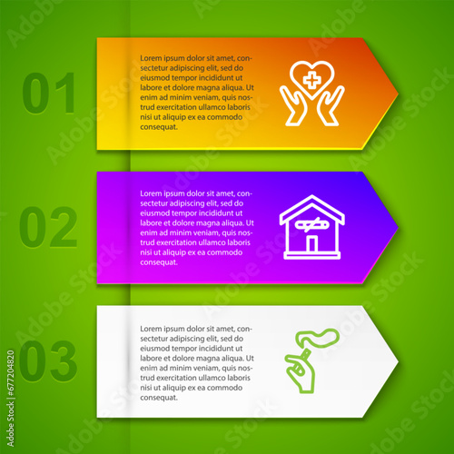 Set line Heart with cross, No smoking at home and Hand cigarette. Business infographic template. Vector