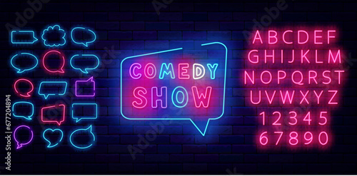 Comedy show neon label. Speech bubbles frames. Stand up performance advertising for event, party. Vector illustration