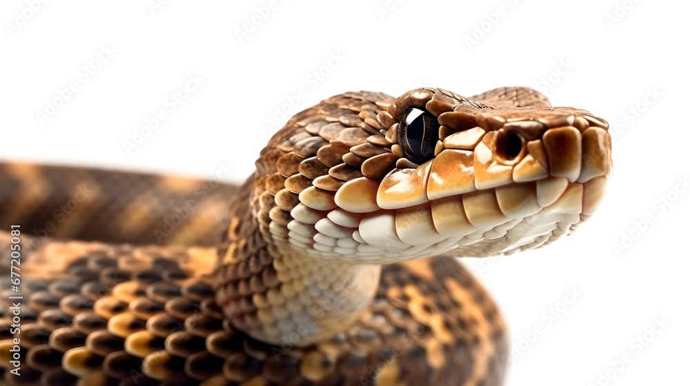 Photo of Cascabel Rattlesnake or Crotalus durissus terrificus head close up isolated on white background. Photo of Cascabel Rattlesnake or Crotalus durissus terrificus head close up isolated on white background.