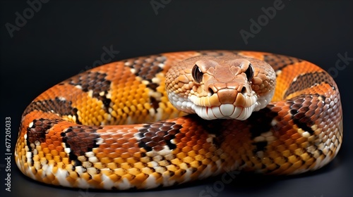 Close up of Corn snake or Pantherophis guttatus or sometimes called red rat snake studio shot looking at the camera.