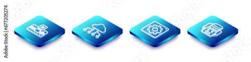 Set Isometric line Artificial intelligence AI, Network cloud connection, Computer api interface and robot icon. Vector