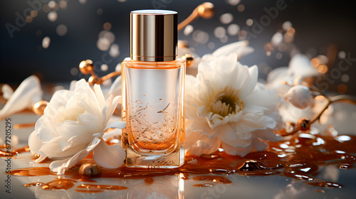 Glass perfume bottle, water drops and white flowers on a luxurious background.