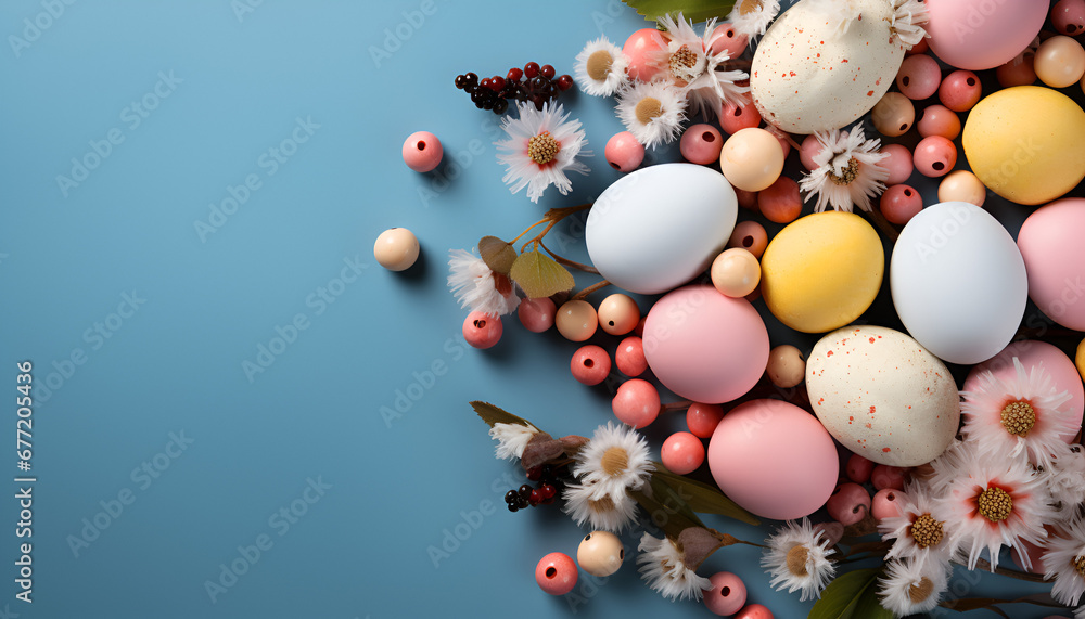 Colorful easter eggs with ribbon on blue background, top view, Easter party concept Colorful easter eggs with ribbon on blue background, top view, Easter party concept