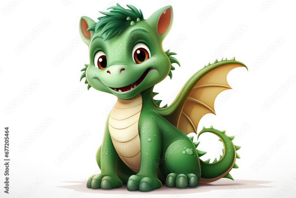 Fototapeta premium Cute cartoon green dragon on a white background. The dragon is the symbol of 2024. New Year holiday illustration. Happy New Year!