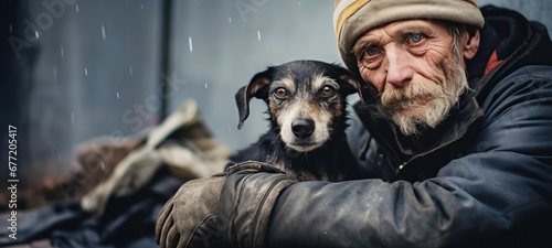 Homeless people beggar with Dogs, hungry homeless begging for help food and money, Problems of big modern cities, Downtown Los Angeles, California, Poverty concept photo