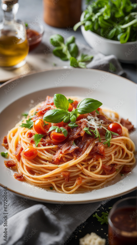 a plate of spaghetti pasta is beautifully arranged with a medley of colorful vegetables, succulent Mediterranean meat, and aromatic herbs, capturing the essence of a delicious Italian lunch a plate of spaghetti pasta is beautifully arranged with a medley of colorful vegetables, succulent Mediterranean meat, and aromatic herbs, capturing the essence of a delicious Italian lunch