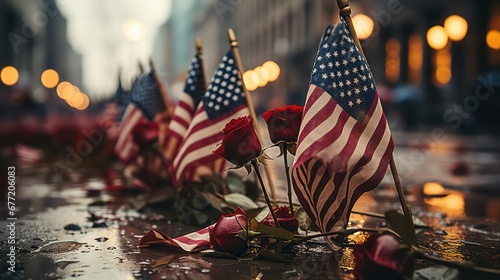 Rose and American flags on the streets of New York City, USA