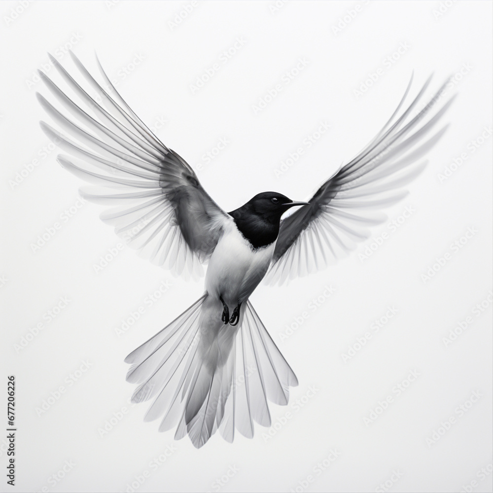 Naklejka premium a black and white bird is flying through the air