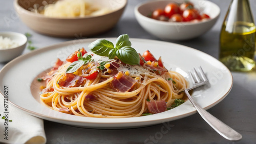 a plate of spaghetti pasta is beautifully arranged with a medley of colorful vegetables  succulent Mediterranean meat  and aromatic herbs  capturing the essence of a delicious Italian lunch