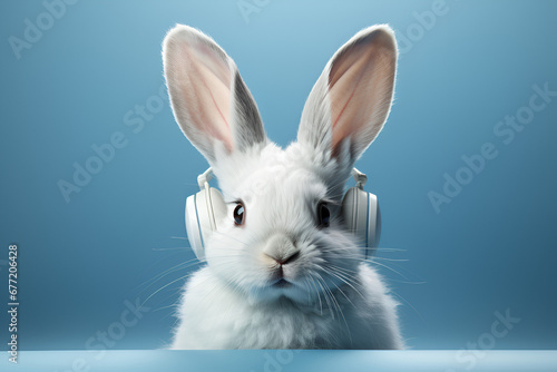 White rabbit ear on pastel blue background