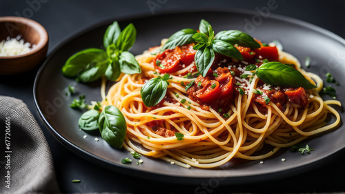 a plate of spaghetti pasta is beautifully arranged with a medley of colorful vegetables, succulent Mediterranean meat, and aromatic herbs, capturing the essence of a delicious Italian lunch