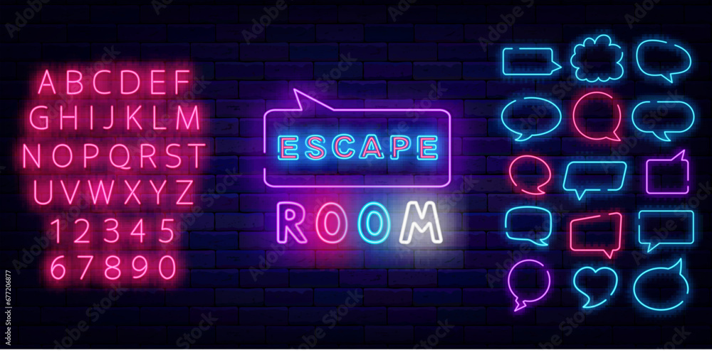 Escape room neon label. Speech bubbles frames set. Quest emblem. Game zone. Shiny pink alphabet. Vector illustration