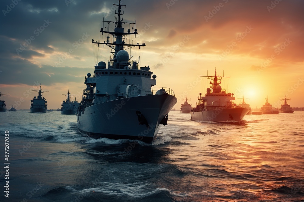 A military ship cuts through the sea waves against the backdrop of the sunset, surrounded by other ships under a dark cloudy sky.