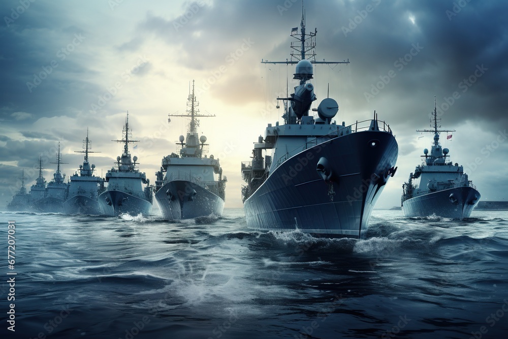 A squadron of blue-gray military ships at sea during a storm under heavy clouds. A squadron of blue-gray military ships at sea during a storm under heavy clouds.